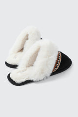 Slippers with Faux Fur Trim and Embroidery