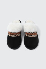 Slippers with Faux Fur Trim and Embroidery