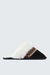 Slippers with Faux Fur Trim and Embroidery