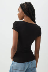 Stretch Rib Scoop Neck Cap Sleeve Top