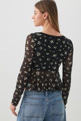 Printed Mesh V-Neck Blouse