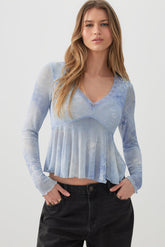 Printed Mesh V-Neck Blouse