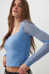 Lace Trapeze Neck Long Sleeve Top