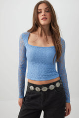 Lace Trapeze Neck Long Sleeve Top