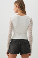 Lace Trapeze Neck Long Sleeve Top