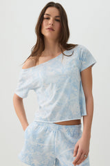 Blue Camouflage Off Shoulder T-Shirt