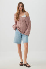 Oversized Cable Knit V-Neck Sweater