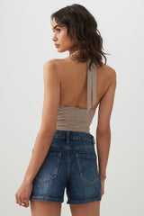High Rise Denim Midi Shorts