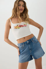 High Rise Denim Midi Shorts