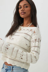Crop Open Stitch Boat Neck Sweater