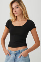Fine Rib Scoop Neck Crop T-Shirt