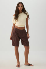 Linen Blend Mid Rise Bermuda Shorts