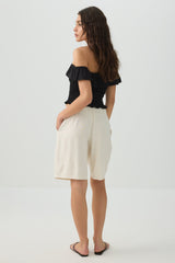 Linen Blend Mid Rise Bermuda Shorts