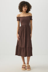 Smocked Off Shoulder Midi Dress