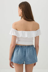 Mid Rise Denim Drawstring Short Shorts