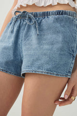 Mid Rise Denim Drawstring Short Shorts
