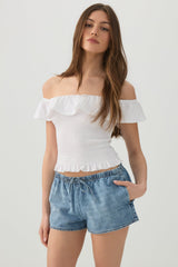 Mid Rise Denim Drawstring Short Shorts