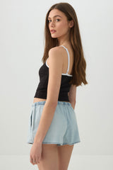 Mid Rise Denim Drawstring Short Shorts