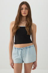 Mid Rise Denim Drawstring Short Shorts