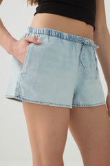 Mid Rise Denim Drawstring Short Shorts
