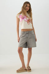Mid Rise Denim Relaxed Bermuda Shorts