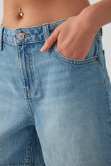 Mid Rise Denim Relaxed Bermuda Shorts
