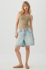 Mid Rise Denim Relaxed Bermuda Shorts