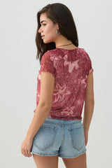 Floral Mesh Tie Front Top