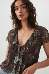 Floral Mesh Tie Front Top
