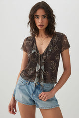 Floral Mesh Tie Front Top