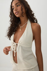 Textured Knit Tie Front Halter Tank Top