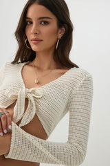 Tie Front Ultra Crop Textured Knit Top