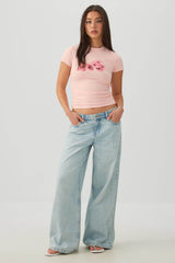Pink Flower Print Ruched T-Shirt
