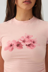 Pink Flower Print Ruched T-Shirt