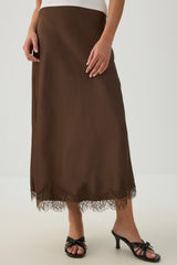 Satin Lace Trim Maxi Skirt