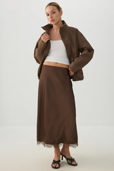 Satin Lace Trim Maxi Skirt