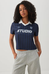 Striped Mesh Polo Top