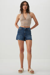 High Rise Denim Midi Shorts