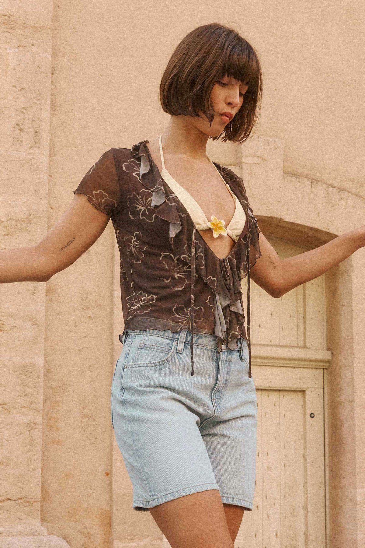 Mid Rise Denim Relaxed Bermuda Shorts
