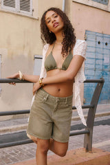 Mid Rise Denim Relaxed Bermuda Shorts