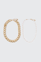 2-Pack Curb Chain & Pearl Necklaces