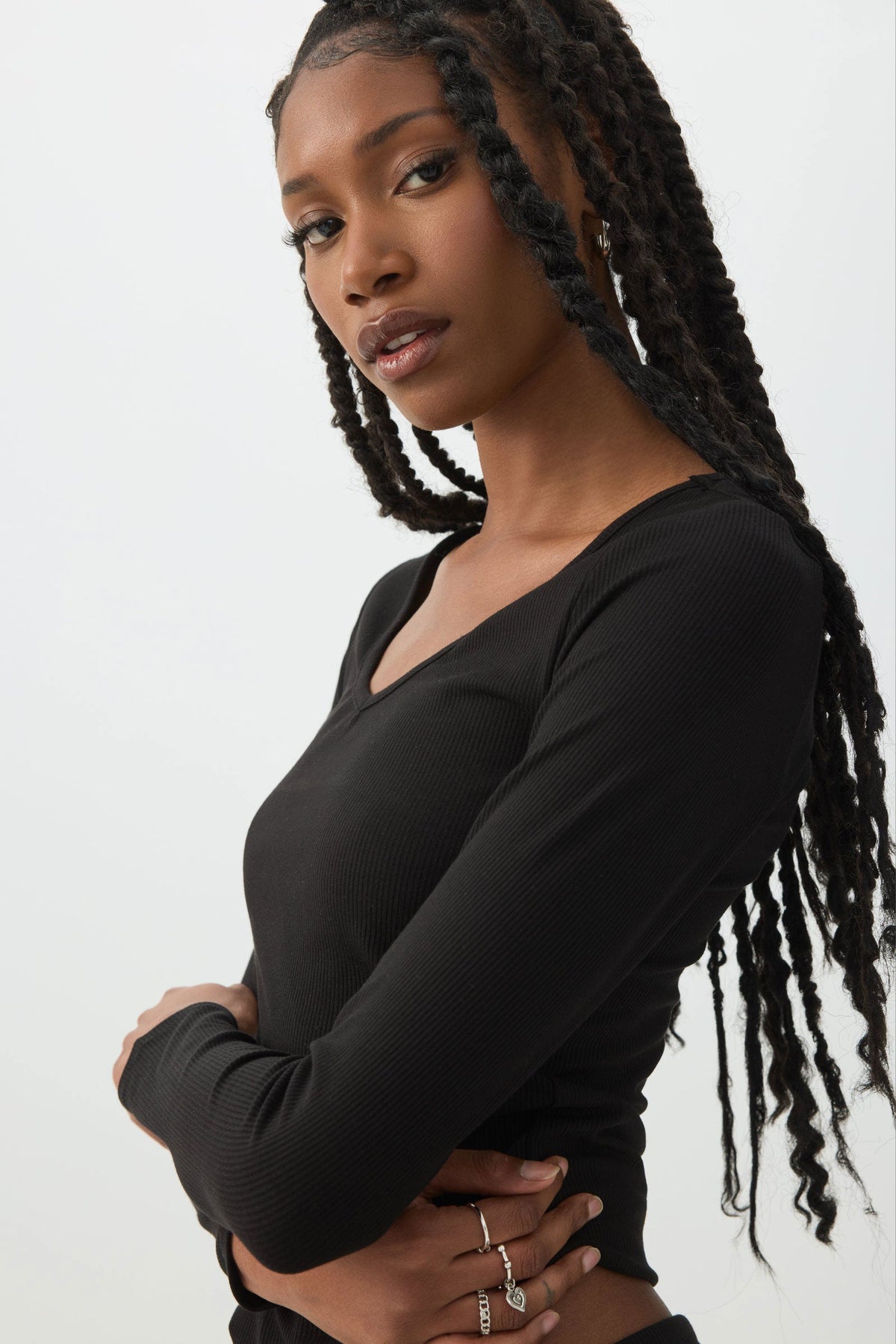 Stretch Rib Scoop Neck Long Sleeve Top