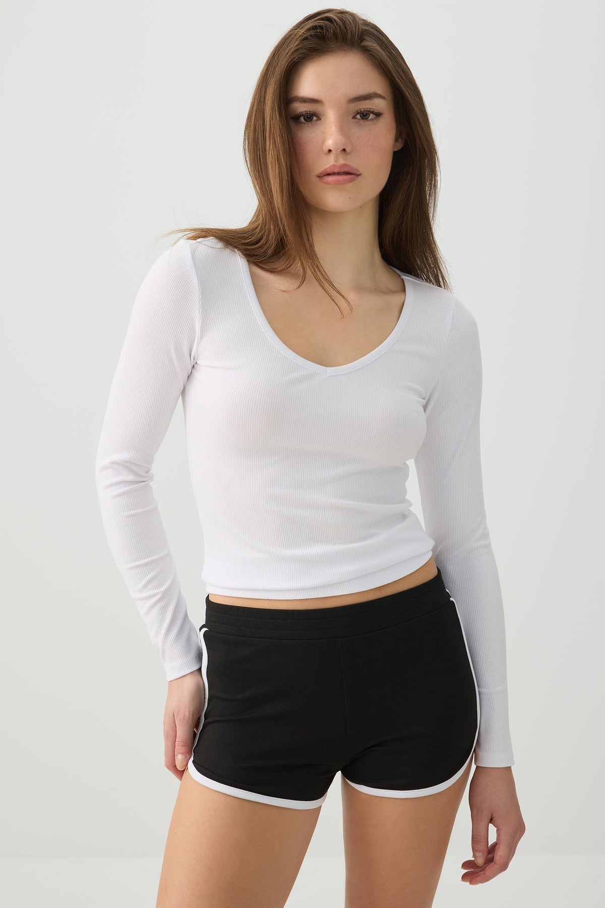 Stretch Rib Scoop Neck Long Sleeve Top
