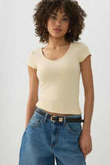 Stretch Rib Scoop Neck Cap Sleeve Top