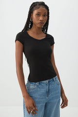 Stretch Rib Scoop Neck Cap Sleeve Top