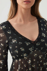 Printed Mesh V-Neck Blouse