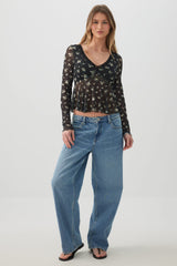 Printed Mesh V-Neck Blouse