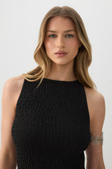 High Neck Smocked Midi Dress
