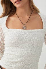 Lace Trapeze Neck Long Sleeve Top