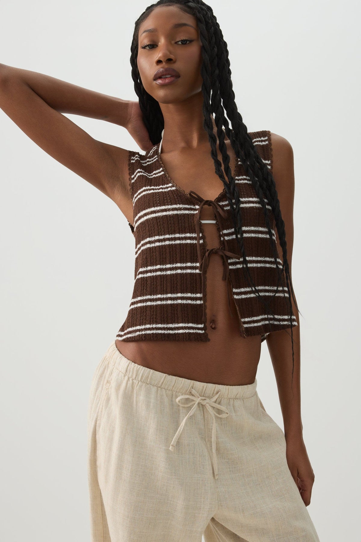 Striped Tie Front Sweater Tank